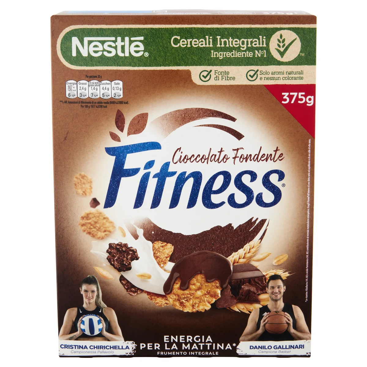 FITNESS DARK CHOCOLATE CEREALI fiocchi di frumento e fiocchi ricoperti di  cioccolato fondente 375 g