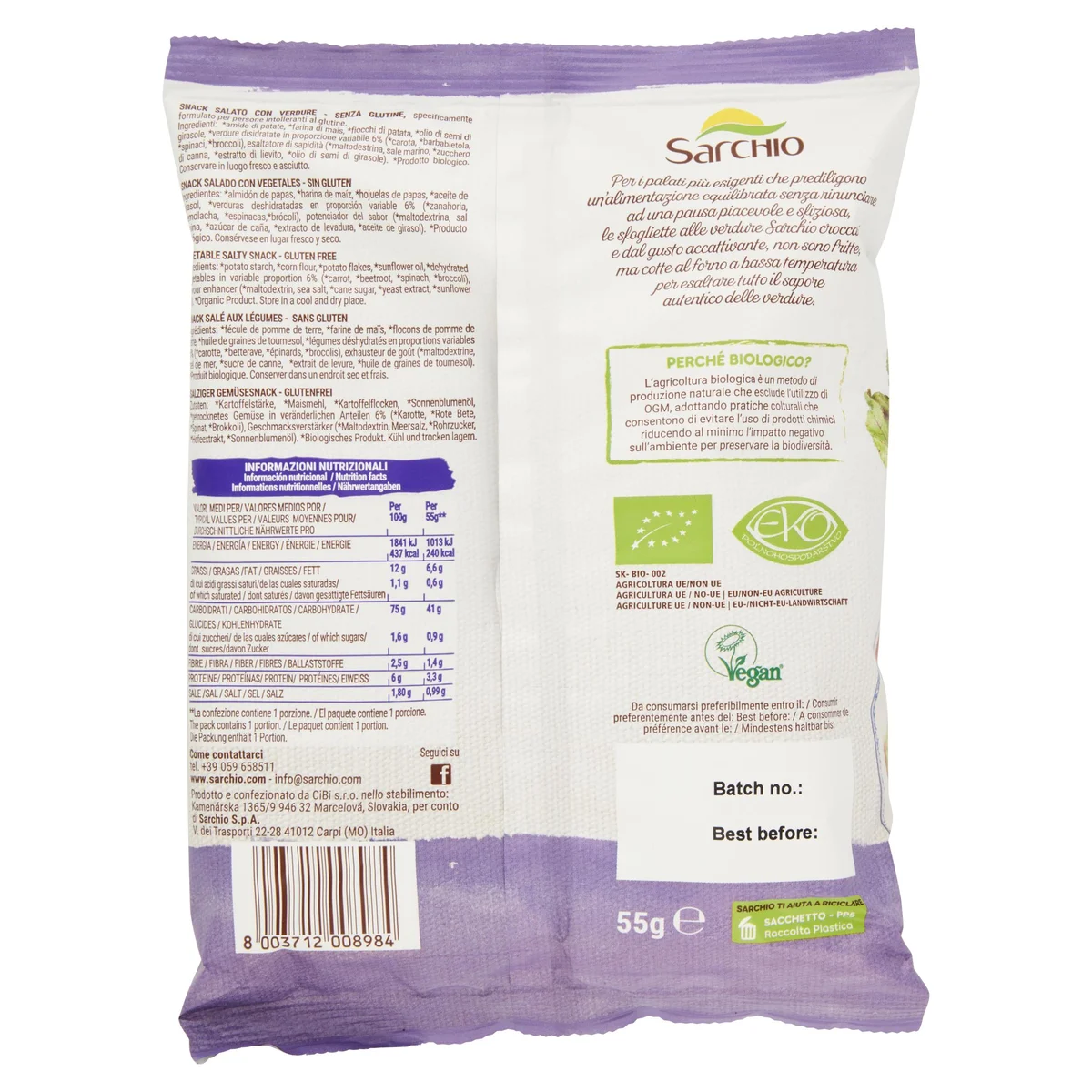 Sarchio Sfogliette alle Verdure snack salato con verdure 55 g