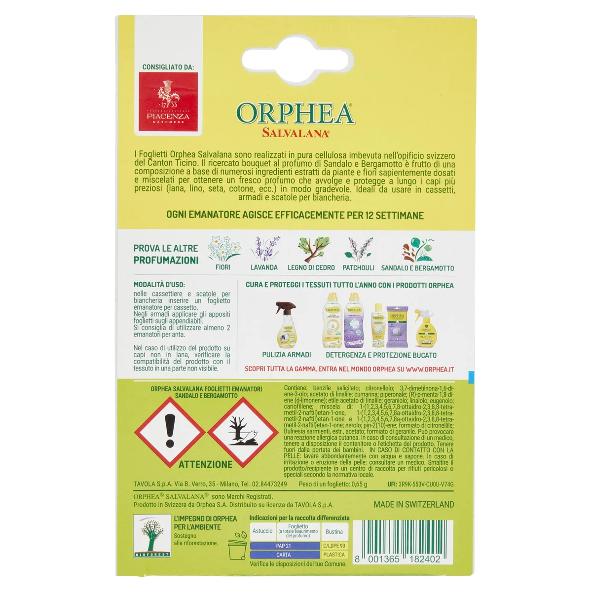ORPHEA Salvalana - Foglietti per cassetti e armadi al profumo di