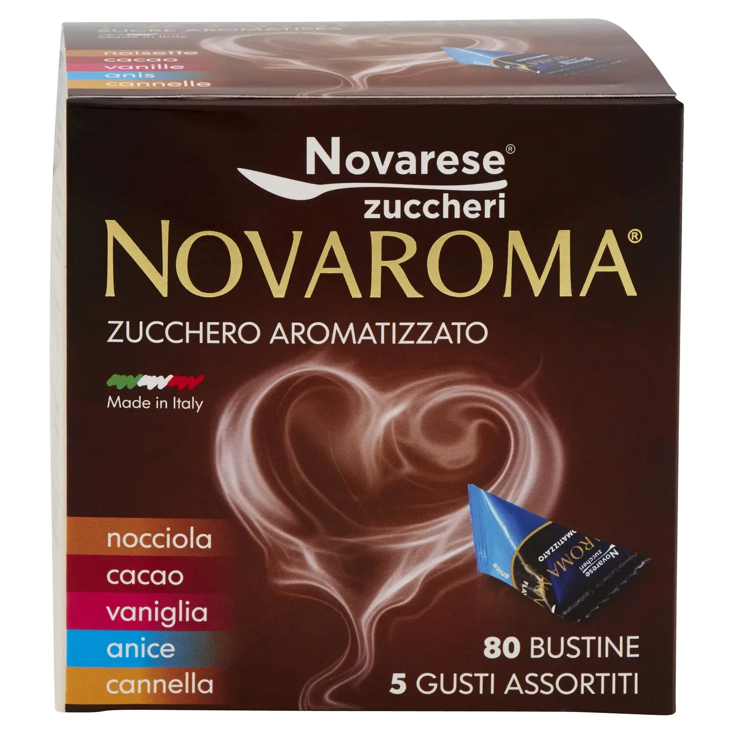 Novaroma Zucchero Aromatizzato nocciola - cacao - vaniglia - anice -  cannella 80 x 5 g