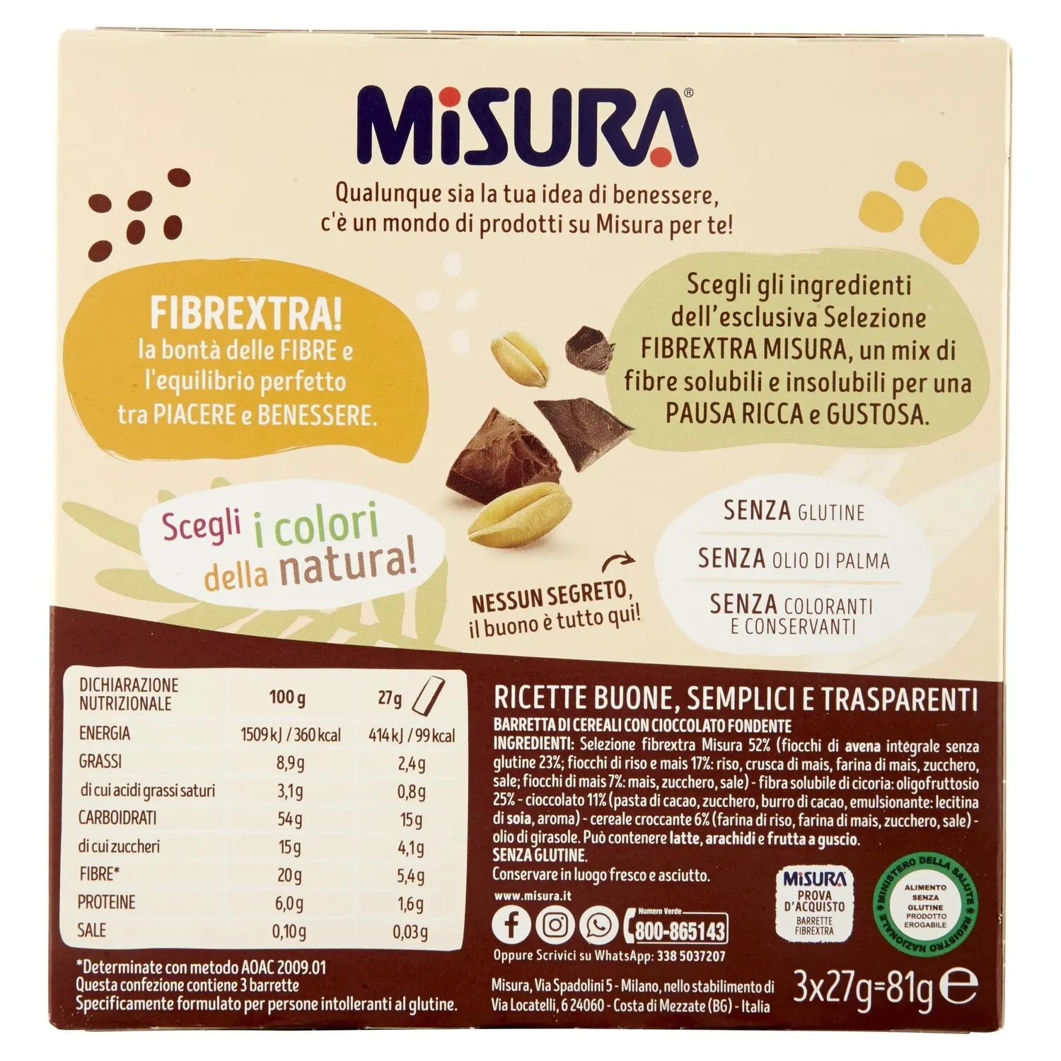 Misura Snack Cereali Fibrextra, Barrette Cereali, Avena, Riso, Mais e  Cioccolato