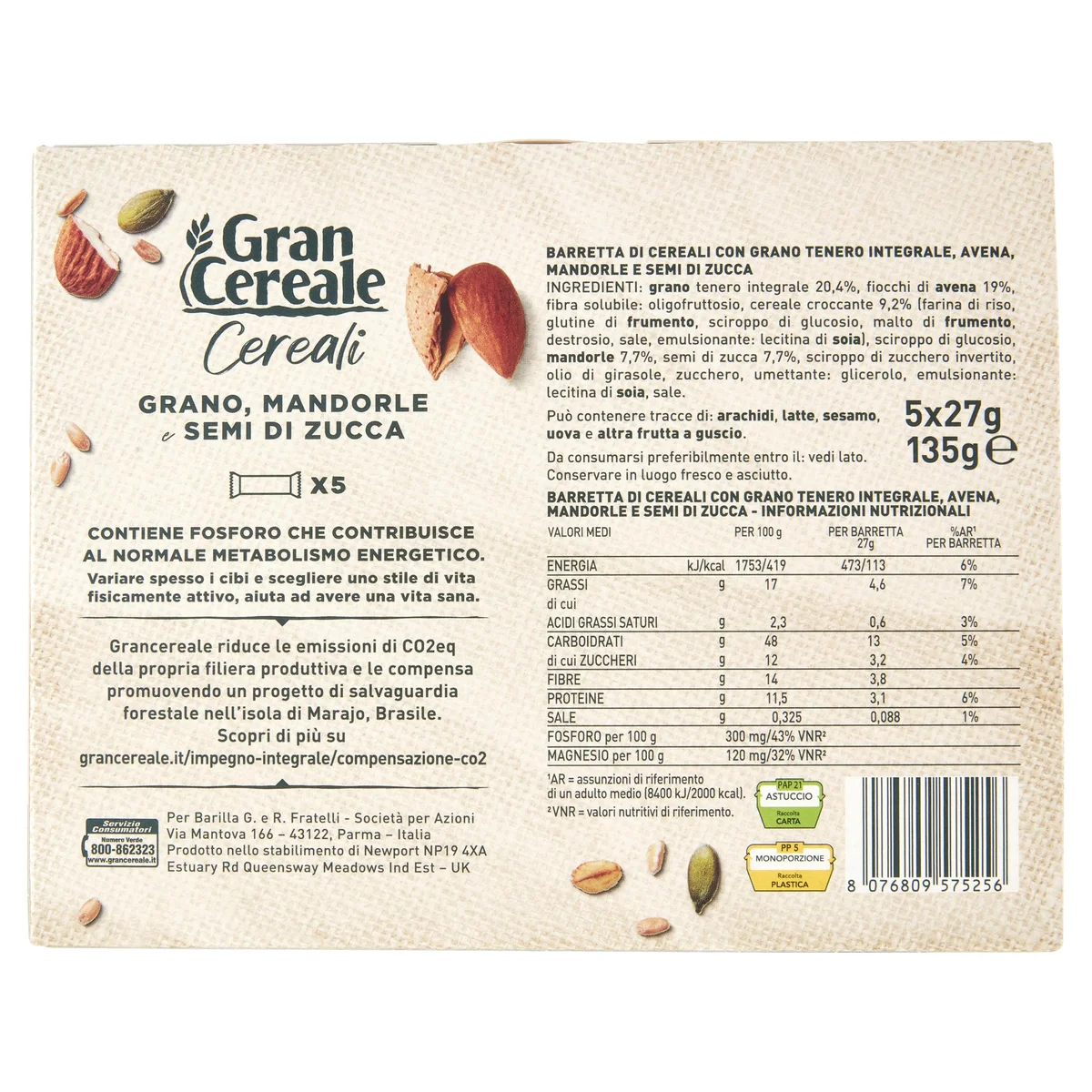 Gran Cereale Barrette di Cereali con Grano Mandorle e Semi di Zucca 135 g