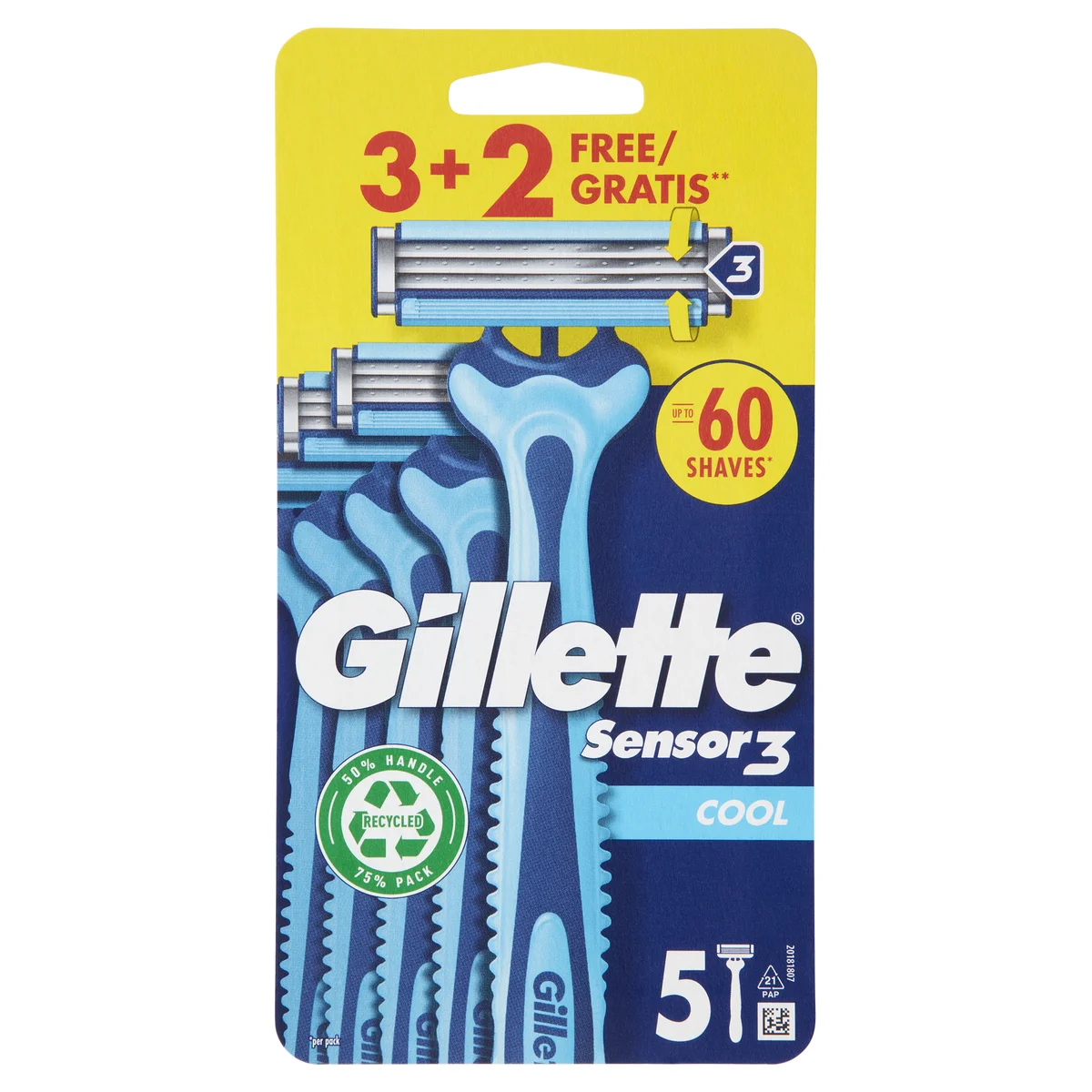 Gillette Sensor3 Cool Rasoio da Uomo Usa e Getta - 3 rasoi + 2 Gratis