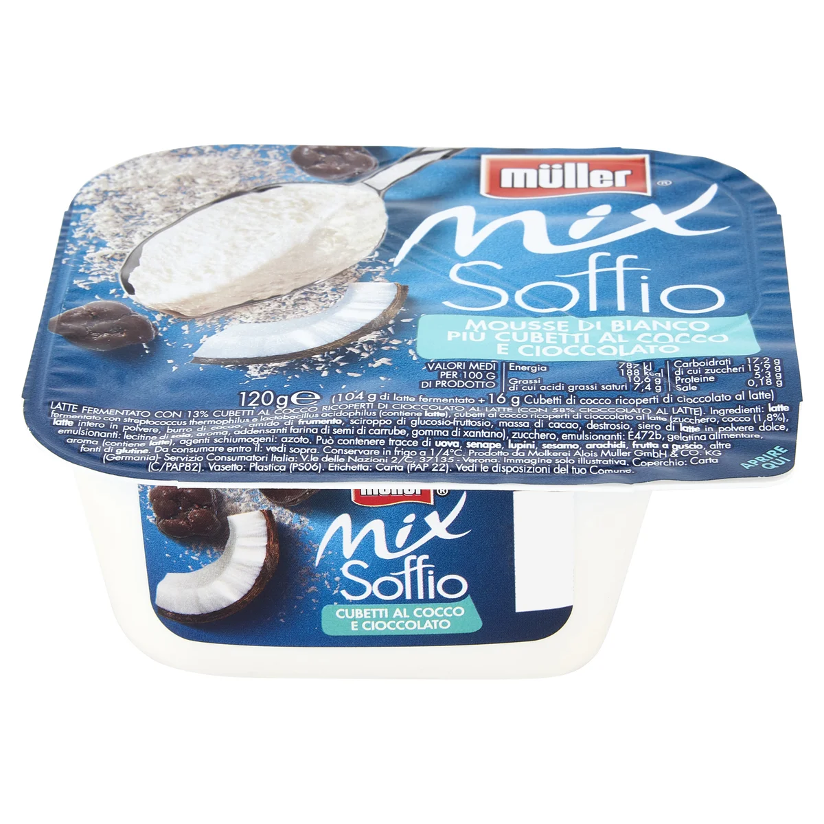 müller Mix Soffio Mousse di Bianco Più Cubetti al Cocco e Cioccolato 120 g