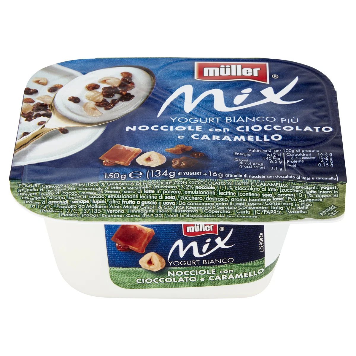 müller Mix Yogurt Bianco più Nocciole con Cioccolato e Caramello 150 g