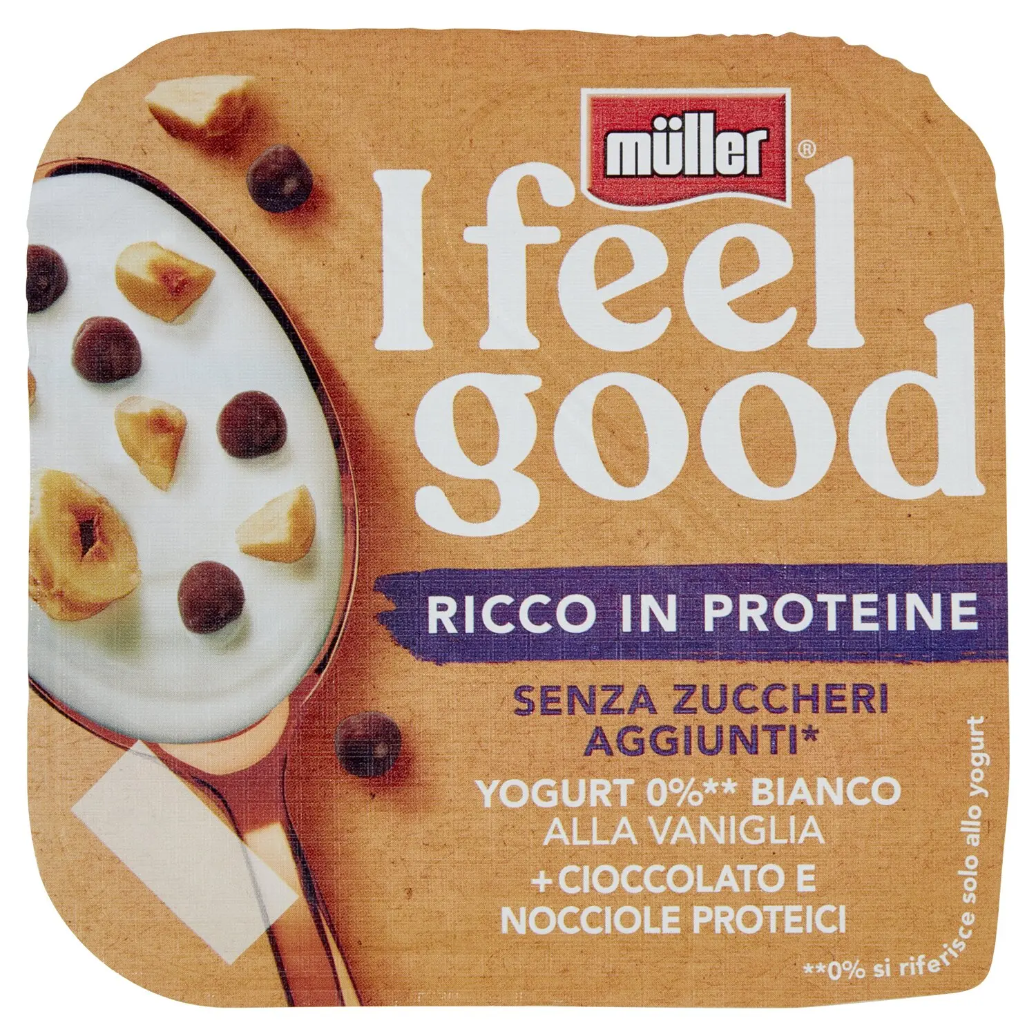 müller I feel good Yogurt 0%** Bianco alla Vaniglia + Cioccolato e Nocciole  Proteici 140 g