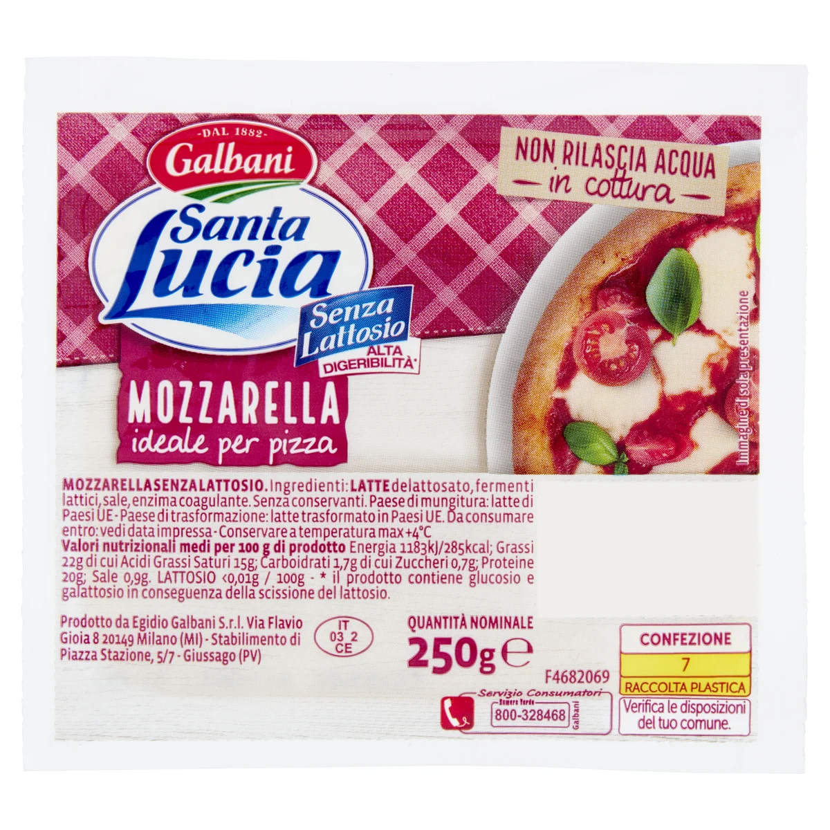 Galbani Santa Lucia Mozzarella ideale per pizza Senza Lattosio 250 g