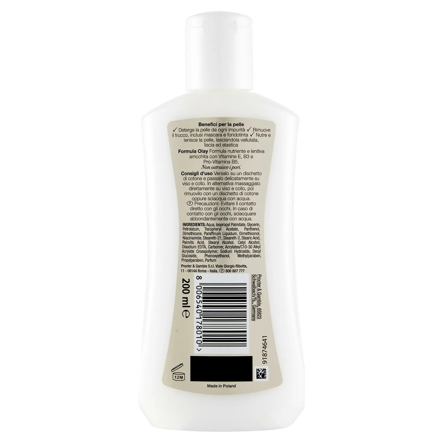 Olay Latte Detergente Struccante Viso Occhi Cleanse-Pelle Secca-Vitamine E,B3,  Provitamina B5-200 ml