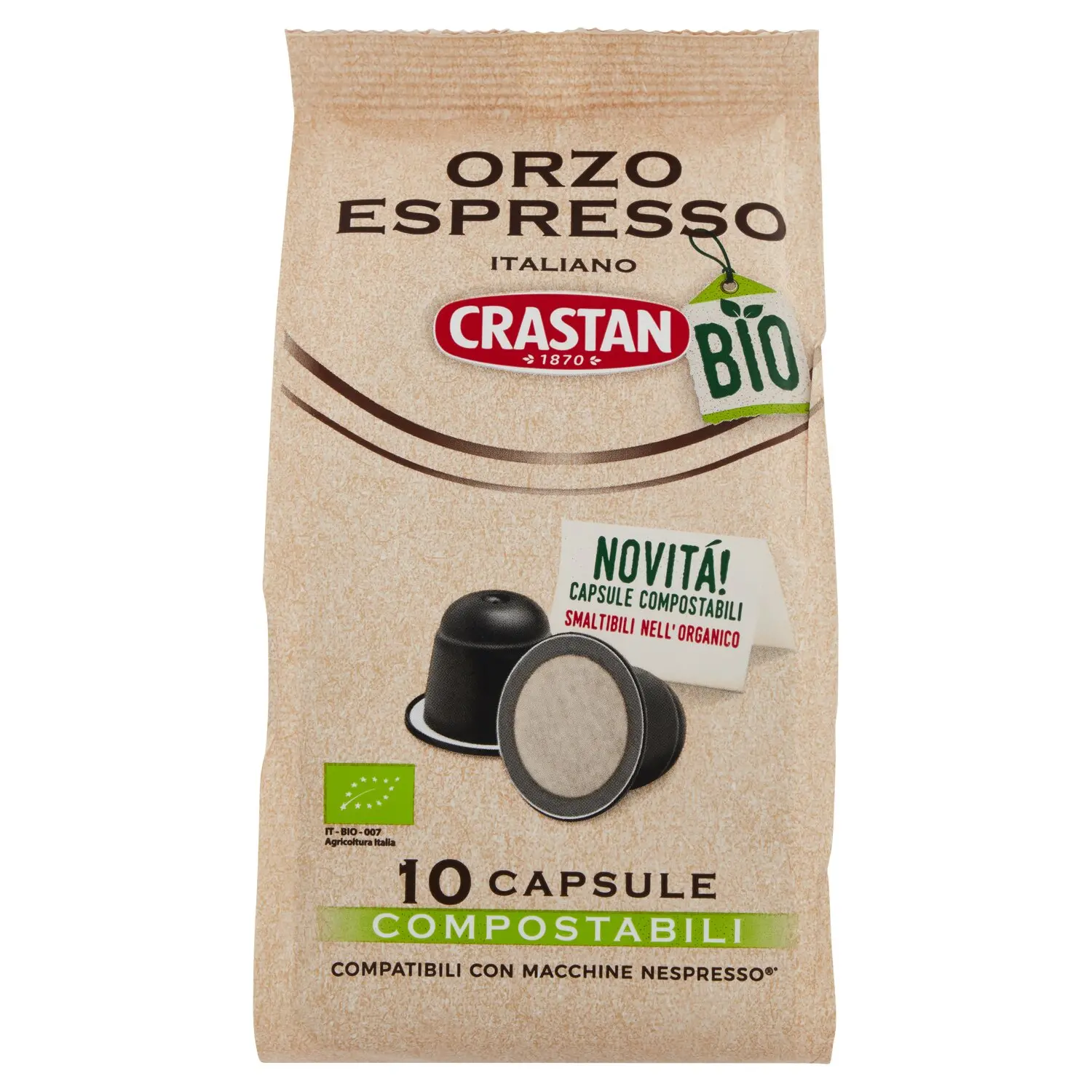 Crastan Bio Orzo Espresso Italiano 10 Capsule Compostabili Compatibili  Macchine Nespresso* 10 x 2,5g