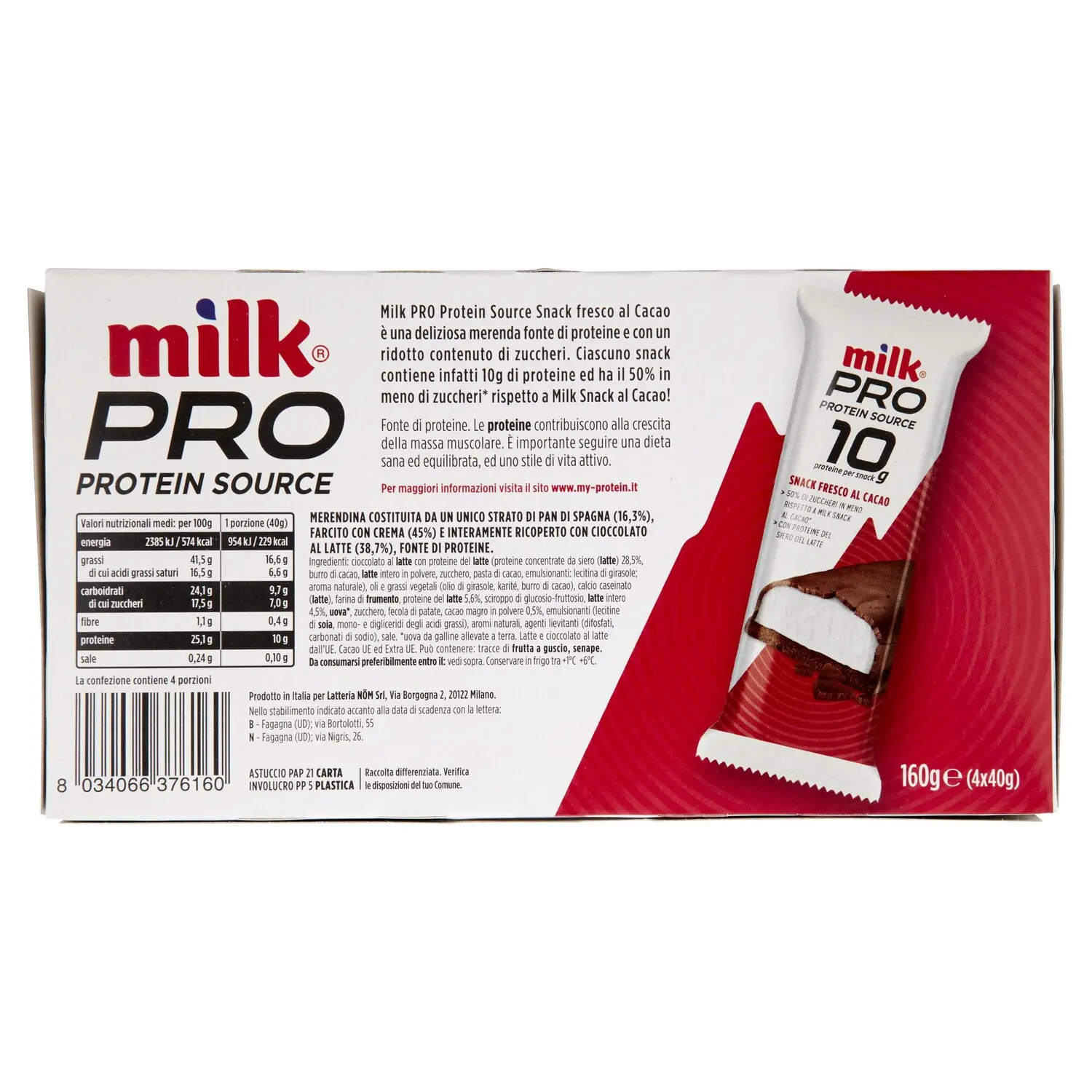 Milk Pro Protein Source 40 g Snack Fresco al Cacao 4 x 40 g